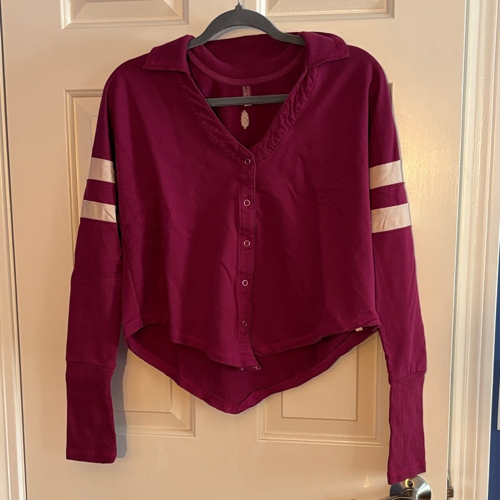 Free People Burgundy Button-Up Shirt with Cream Stripes